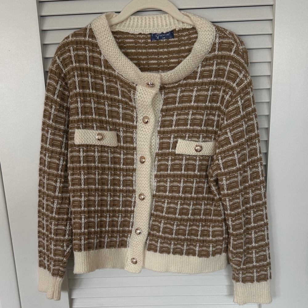 Textured Light Brown and Cream Tweed Cardigan